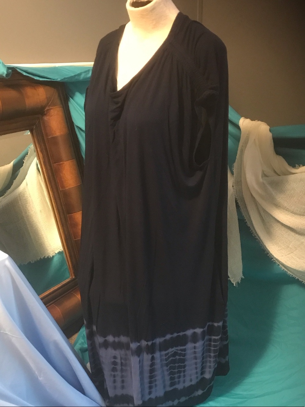 Terra & Sky Navy Long-Sleeve V-Neck Tie-Dye Hem Dress
